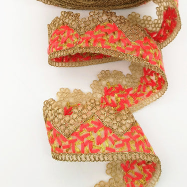 Gold Sheer Tissue Fabric Cutwork Trim with Embroidery in Gold and Orange, Scallop Trim, Fringe Trim